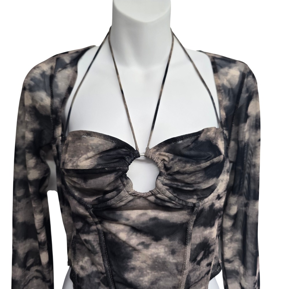 Fashion Nova Grey Tie Dye Mesh Corset Top Long Sleeve Halter XL Goth - Picture 2 of 9